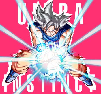 Rule 34 | 1boy, absurdres, art jake, blue boots, blue sash, blue shirt, blue wrist cuffs, boots, dragon ball, dragon ball super, grey eyes, grey hair, highres, kamehameha (dragon ball), male focus, muscular, muscular male, pink background, sash, shirt, simple background, solo, son goku, spiked hair, torn clothes, torn shirt, ultra instinct, wrist cuffs