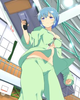 1girl antenna_hair basketball_hoop blue_eyes blue_hair breasts card_(medium) ceiling ceiling_light cleavage clenched_hand from_below frown game_cg green_pajamas gym holding holding_rocket_launcher holding_weapon large_breasts lens_flare linea_alba navel official_alternate_costume official_art pajamas panties panty_peek partially_unbuttoned railing rocket_launcher seimei_(senran_kagura) senran_kagura senran_kagura_new_wave short_hair solo underboob underwear weapon window