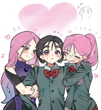 3girls alien_stage black_dress black_hair blazer bow bowtie closed_eyes clothing_cutout collared_shirt commentary di1di2di3di4d dress dual_persona glasses green_jacket hashtag-only_commentary heart highres holding_another's_arm jacket long_hair mizi_(alien_stage) multiple_girls ponytail prototype_design purple_eyes red_bow red_bowtie school_uniform shirt short_hair shoulder_cutout sua_(alien_stage) yellow_eyes yuri