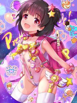 1girl :d absurdres backpack bag bandaid_on_thigh brown_hair candy candy_corn collar flat_chest flute food hair_ornament heart highres idolmaster idolmaster_million_live! instrument koaya lens_flare loli looking_at_viewer nakatani_iku navel one_side_up open_mouth pink_bag randoseru recorder red_collar red_eyes scrunchie short_hair signature smile solo sparkle star_(symbol) star_hair_ornament thighhighs wand white_thighhighs wrist_scrunchie