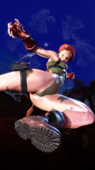 1girl 3d antenna_hair ass ass_focus bare_shoulders blonde_hair blue_eyes braid breasts cammy_white covered_navel gloves green_leotard hat highleg highleg_leotard highres huge_ass jumping kicking leotard lips long_hair looking_at_viewer low_angle medium_breasts perspective red_hat ryona screencap shiny_clothes sky solo standing street_fighter street_fighter_6 thighs third-party_edit thong_leotard twin_braids very_long_hair wide_hips