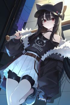 Rule 34 | 1girl, absurdres, against wall, animal ear headwear, baseball, baseball bat, belt, black choker, black hair, black hat, black jacket, black shorts, breasts, brown belt, building, choker, closed eyes, commentary, fake animal ears, fur jacket, hair between eyes, hand up, hat, high-waist skirt, highres, holding, holding baseball bat, holding weapon, jacket, long hair, long sleeves, looking at viewer, mellow kaede, night, open clothes, open jacket, original, outdoors, over shoulder, pleated skirt, print shirt, red eyes, shirt, shirt tucked in, shoes, short shorts, shorts, shorts under skirt, sidelocks, single-shoulder shirt, single bare shoulder, single off shoulder, skirt, sleeveless, sleeveless shirt, sleeves past wrists, sneakers, solo, standing, thighs, unzipped, very long hair, weapon, weapon over shoulder, white skirt