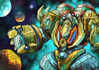 armor aura blue_eyes blue_light destruction getter_emperor getter_robo getter_robo_arc giant ishikawa_ken_(style) lava looking_at_viewer mecha mecha_focus mechanical_fan multicolored_armor no_humans planet red_armor robot science_fiction space super_robot white_armor yamanushi yellow_armor