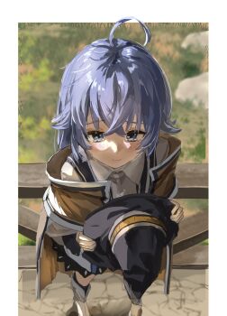 1girl ahoge aim6120 black_hat black_skirt blue_eyes blue_hair blurry blurry_background blush boots border brown_capelet brown_cloak capelet cloak closed_mouth collared_shirt commentary_request crossed_bangs from_above hair_between_eyes hat highres holding holding_unworn_clothes holding_unworn_hat mushoku_tensei roxy_migurdia shirt skirt solo tearing_up unworn_hat unworn_headwear white_boots white_border white_shirt witch_hat