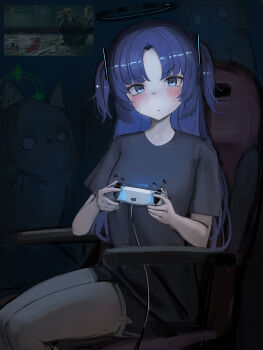 3girls absurdres alternate_costume black_shirt black_shorts blue_archive blue_eyes blue_hair blush chair commentary controller dark_room dark_souls_(series) english_commentary game_controller gaming_chair hair_ornament halo headgear highres holding holding_controller holding_game_controller indoors long_hair looking_at_viewer loose_clothes loose_shirt loungewear mechanical_halo midori_(blue_archive) moji_(m_0j_4) momoi_(blue_archive) multiple_girls on_chair playing_games red_pupils shirt shorts sitting solo_focus sweatdrop swivel_chair t-shirt triangle_hair_ornament twisted_torso two_side_up v-shaped_eyebrows yuuka_(blue_archive)