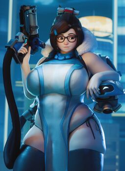 1girl 3d absurdres black-framed_eyewear black_thighhighs blurry breasts brown_eyes closed_mouth cowboy_shot curvy depth_of_field drone fugtrup fur_trim glasses gun hair_bun hair_ornament hairclip highres holding holding_gun holding_weapon huge_breasts mei_(overwatch) overwatch panties pelvic_curtain protected_link side-tie_panties single_hair_bun skindentation sleeveless snowball_(overwatch) solo thick_thighs thighhighs thighs underwear weapon wide_hips