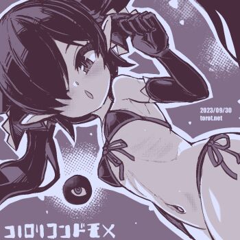 1girl ;o backbeako_(torotei) backbeard bikini blush breasts clenched_hand commentary_request dated dated_commentary dutch_angle elbow_gloves female_focus front-tie_bikini_top front-tie_top gegege_no_kitarou gloves goth_fashion hair_over_one_eye hair_ribbon hand_up kono_lolicon_domome loli long_hair looking_at_viewer monochrome navel one_eye_closed open_mouth original paid_reward_available pointy_ears ribbon ribs ringed_eyes side-tie_bikini_bottom simple_background slit_pupils small_breasts solo swimsuit torotei translated twintails watermark web_address