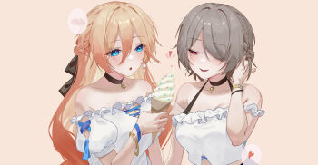 2girls :d bare_shoulders black_choker blonde_hair blue_eyes breasts brown_hair chinese_commentary choker commentary dress durandal_(honkai_impact) feeding highres holding holding_ice_cream_cone honkai_(series) honkai_impact_3rd ice_cream_cone large_breasts long_hair multiple_girls open_mouth pink_background rita_rossweisse shirt short_hair simple_background smile very_long_hair white_dress white_shirt youmiao_oxo yuri