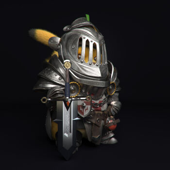 3d armor belt blurry brown_eyes chain clothing_request coat_of_arms depth_of_field evgeniy_aleshechkin furry gauntlets gen_1_pokemon grey_background helmet highres knight looking_away looking_to_the_side nintendo pikachu pokemon pokemon_(creature) potion realistic simple_background solo sword tagme tail weapon yellow_fur zbrush_(medium)