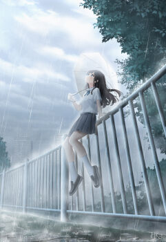 1girl absurdres arm_at_side black_hair black_shoes blue_bow blue_bowtie bow bowtie building closed_mouth commentary_request day expressionless film_grain full_body grey_eyes grey_skirt hand_up highres hkcutie holding holding_umbrella long_hair looking_up on_railing original outdoors overcast pleated_skirt puddle railing rain school_uniform shirt shoes short_sleeves signature sitting skirt sky skyscraper socks solo transparent transparent_umbrella tree umbrella water white_shirt white_socks