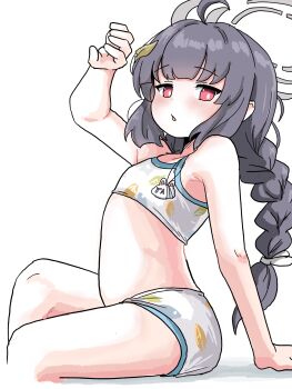 1girl ahoge bikini black_hair blue_archive braid commentary_request feet_out_of_frame flat_chest grey_halo halo highres leaf leaf_on_head leaf_print long_hair miyu_(blue_archive) miyu_(swimsuit)_(blue_archive) official_alternate_costume red_eyes simple_background solo swimsuit tachikaze_miyako twin_braids white_background white_bikini