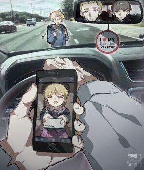 3boys alternate_universe astrolabe backpack bag black_hair black_hat blonde_hair blue_sweater blunt_bangs bowl_cut braid character_request chi.:_chikyuu_no_undou_ni_tsuite child closed_eyes collared_shirt contemporary driving facial_hair father_and_daughter hair_over_shoulder hat highres holding holding_phone jolenta multiple_boys nowak_(chi.) open_mouth phone photo_background rafal_(chi.) rear-view_mirror road shirt short_hair single_braid smile steering_wheel stubble sweatdrop sweater swept_bangs toramledak