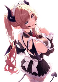 Rule 34 | 1girl, :p, apron, black horns, black skirt, blonde hair, blue eyes, bow, bowl, bowtie, breasts, chocolate, chocolate on face, chocolate on hand, commentary request, cooking, corset, criss-cross back-straps, curio (curiofinity), demon girl, demon horns, demon tail, demon wings, detached sleeves, fishnets, food, food on body, food on breasts, food on face, food on hand, frilled apron, frilled shirt, frilled skirt, frilled sleeves, frills, garter straps, gradient hair, hair ribbon, hololive, horns, large breasts, long hair, long sleeves, looking at viewer, looking back, maid, maid headdress, miniskirt, multicolored hair, official alternate costume, official alternate hairstyle, pink hair, pointy ears, red bow, red bowtie, ribbon, see-through cleavage, see-through clothes, shirt, sidelocks, simple background, skirt, sleeveless, sleeveless shirt, solo, swept bangs, tail, thighhighs, tongue, tongue out, transparent background, tress ribbon, twintails, very long hair, virtual youtuber, waist apron, whisk, white apron, white garter straps, white shirt, white thighhighs, wings, yuzuki choco, yuzuki choco (maid)