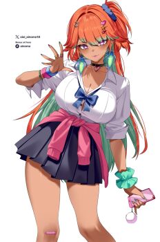 1girl alternate_costume alternate_hairstyle bandaid bandaid_on_knee bandaid_on_leg blue_skin breasts button_gap cardigan cardigan_around_waist cleavage closed_mouth clothes_around_waist collared_shirt colored_inner_hair colored_skin commentary cowboy_shot feathers gradient_hair green_feathers green_hair gyaru hair_flaps hand_up highres hololive hololive_english large_breasts long_hair looking_at_viewer miniskirt multicolored_hair oioi_ainomo one_side_up orange_hair paid_reward_available partially_unbuttoned pendant_choker pink_cardigan pleated_skirt purple_eyes school_uniform shirt simple_background skirt smile solo symbol-only_commentary takanashi_kiara tan tanline very_long_hair virtual_youtuber white_background white_shirt