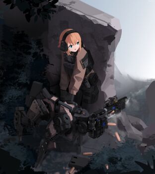 1girl absurdres ammunition_pouch black_gloves black_shorts blonde_hair blue_eyes bob_cut body_armor brown_jacket clip_(weapon) cornershot cqcnorthfish dated_commentary ear_protection firing fog gloves gun highres jacket leggings_under_shorts mecha no_lineart non-humanoid_robot original outdoors pouch robot rock shell_casing shorts smoke smoke_grenade tactical_clothes thigh_pouch walker_(robot) weapon