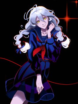 Rule 34 | 1girl, black background, blue sailor collar, blue serafuku, blue shirt, blue skirt, braid, character request, commentary, copyright request, english commentary, hair between eyes, highres, long hair, looking at viewer, neckerchief, red neckerchief, sailor collar, school uniform, serafuku, shirt, skirt, solo, sweepswoop, twin braids, white hair, yellow eyes