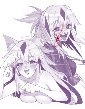 1girl alternate_hair_length alternate_hairstyle animal_ear_fluff animal_ears armor blood blood_on_face blush breasts cat_ears collar collarbone fate/grand_order fate_(series) greyscale hair_between_eyes highres japanese_armor koha-ace long_hair long_sleeves looking_at_viewer medium_breasts medium_hair metal_collar mitsurugi_sugar monochrome multicolored_hair multiple_views nagao_kagetora_(fate) open_mouth paw_pose paw_print ponytail shoulder_armor sidelocks smile sode spot_color two-tone_hair very_long_hair