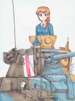 1girl artist_name black_necktie blue_skirt blue_sweater blush braid brown_hair camouflage collared_shirt commentary_request emblem girls_und_panzer hatch highres kaz_tsuruoka light_blush long_hair looking_at_viewer matilda_(tank) military military_vehicle motor_vehicle necktie open_hatch parted_lips radio_antenna rivets rukuriri_(girls_und_panzer) school_uniform shirt signature skirt smoke_grenade_launcher solo st._gloriana&#039;s_(emblem) st._gloriana&#039;s_school_uniform sweater tank turret white_background white_shirt