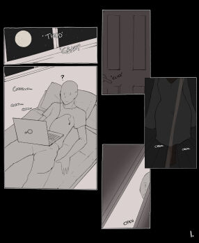 1boy 1girl bald barefoot computer dark-skinned_female dark_skin earphones greyscale highres laptop monochrome moon night on_bed open_mouth opening_door pillow sadie_(smoxul) sky smoxul sound_effects star_(sky) starry_sky window