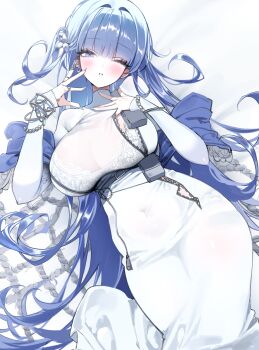 1girl absurdres amu1207 arcana_(nikke) blue_hair bra_visible_through_clothes breasts cleavage dress ear_piercing earrings flower_hairpin goddess_of_victory:_nikke grey_eyes hair_ornament hairclip highres jewelry large_breasts long_hair lying on_back partially_unzipped piercing see-through_cleavage see-through_clothes silver_nails white_dress