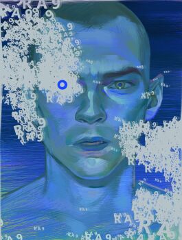 1boy android blue_background blue_pupils collarbone dark-skinned_male dark_skin detroit:_become_human furrowed_brow highres looking_at_viewer male_focus markus_(detroit) monochrome parted_lips peanut9021 portrait realistic short_hair sketch solo upper_body very_short_hair