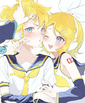 1boy 2girls ;d arm_warmers black_sailor_collar black_sleeves blonde_hair blue_eyes blue_nails blush brother_and_sister collarbone commentary detached_sleeves hair_ornament hairclip hatsune_miku headphones highres kagamine_len kagamine_rin limu838 long_sleeves multiple_girls nail_polish neckerchief necktie number_tattoo one_eye_closed open_mouth parallel_hairclips sailor_collar shirt short_hair short_sleeves shoulder_tattoo siblings simple_background sleeveless sleeveless_shirt smile symbol-only_commentary tattoo twins upper_body vocaloid white_background white_shirt yellow_neckerchief yellow_necktie