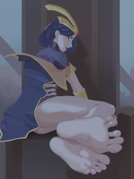 1girl absurdres barefoot enjoyin feet highres league_of_legends leblanc_(league_of_legends) looking_at_viewer medium_hair soles toes yellow_eyes