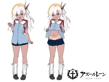 :d :q azur_lane bag bare_shoulders blonde_hair blue_skirt blue_vest clenched_hands clothes_pull concept_art copyright_name dark-skinned_female dark_skin full_body groin hair_between_eyes hand_up hands_up hat highres hip_focus leg_warmers lifting_own_clothes long_hair looking_at_viewer microskirt midriff miniskirt multiple_views navel no_panties official_alternate_costume open_mouth pleated_skirt presenting purple_eyes sanze_(gokiburi_kirai) school_bag school_uniform side_ponytail skirt skirt_pull smile standing tan tanline teasing tongue tongue_out u-31_(azur_lane) u-31_(let's_go_home)_(azur_lane) vest vest_lift worried