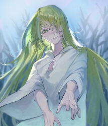 Rule 34 | 1other, blush, closed mouth, enkidu (fate), fate/grand order, fate (series), film grain, floating hair, green eyes, green hair, hair over one eye, highres, long hair, long sleeves, looking at viewer, outstretched arm, robe, smile, solo, upper body, white robe, zuraa (naunau seijin)