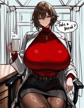 1girl absurdres belt black_belt black_skirt breasts brown_hair brown_pantyhose coffee_mug commentary cross cross_necklace crossed_bangs cup desk double-parted_bangs elbow_rest english_text hair_between_eyes highres holding holding_cup huge_breasts indoors jacket jewelry looking_at_viewer medium_hair mug necklace orange_eyes original pantyhose pencil_skirt red_sweater ribbed_sweater sitting skirt smile solo speech_bubble steaming_cup sweater sweater_tucked_in symbol-only_commentary thick_thighs thighs turtleneck turtleneck_sweater white_jacket wolffeld_price