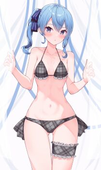 1girl bikini blue_eyes blue_hair blue_ribbon blush cowboy_shot curtain_grab curtains earrings frilled_bikini frilled_garter frilled_thigh_strap frills gluteal_fold grey_bikini hair_between_eyes hair_ribbon halterneck hands_up highres holding hololive hoshimachi_suisei jewelry looking_at_viewer medium_hair navel parted_lips plaid_bikini plaid_clothes profnote ribbon see-through_clothes side_ponytail sidelocks solo standing star_(symbol) star_earrings star_in_eye stomach string_bikini swimsuit symbol_in_eye thigh_gap thigh_strap virtual_youtuber