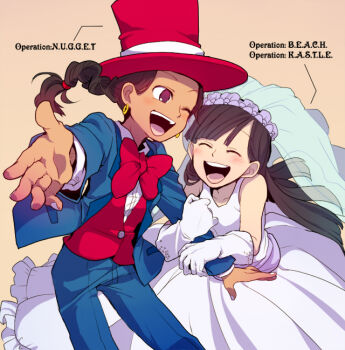 2girls alternate_costume arm_hug black_hair blunt_bangs blush bow braid bridal_veil bride codename:_kids_next_door commentary_request copyright_name dark-skinned_female dark_skin dress earrings female_focus formal_clothes gloves hat jewelry multiple_girls numbuh_3 numbuh_5 one_eye_closed open_mouth see-through_clothes see-through_veil smile suit t_k_g top_hat veil vest wedding_dress wife_and_wife yuri