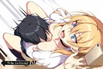 1boy 1girl between_breasts black_hair black_socks blonde_hair blue_eyes blush breasts cellphone choker falling grabbing_another&#039;s_breast groping hair_between_eyes head_between_breasts kneehighs long_hair lying meme on_back open_mouth original phone pleated_skirt puuzaki_puuna school_uniform skirt smartphone socks sweatdrop teeth to_be_continued