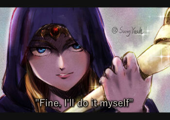 1girl avengers:_age_of_ultron avengers_(series) blonde_hair blue_eyes circlet cloak close-up commentary english_commentary english_text forehead_jewel gold_circlet highres holding holding_staff hood hooded_cloak looking_at_viewer marvel marvel meme nintendo portrait princess_zelda staff sungyeah thanos the_legend_of_zelda the_legend_of_zelda:_echoes_of_wisdom tri_rod twitter_username