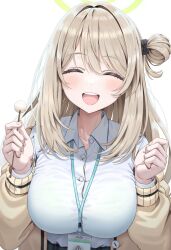 Rule 34 | 1girl, blue archive, blush, breasts, closed eyes, hair bun, halo, highres, jacket, lanyard, large breasts, light brown hair, long hair, mimikaki, nonomi (blue archive), ojyomu, open clothes, open jacket, open mouth, shirt, simple background, single side bun, smile, teeth, upper body, upper teeth only, white background, white shirt
