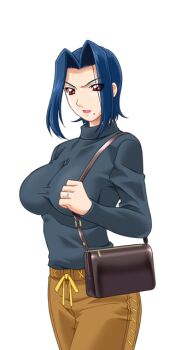 1girl bag blue_hair breasts casual game_cg gan-chan_(artist) handbag hishidou_aiko hitozuma_sentai_aisaiger impossible_clothes jewelry large_breasts large_variant_set lipstick makeup mature_female mole mole_under_mouth non-web_source official_art pants red_eyes ring shirt short_hair solo sweater taut_clothes taut_shirt transparent_background turtleneck variant_set wedding_ring