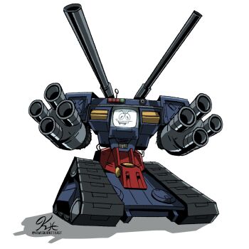 Rule 34 | caterpillar tracks, commentary, english commentary, fallout, fallout: new vegas, fusion, gatling gun, gundam, guntank, highres, kiwisburnttoast, looking at viewer, mecha, mecha focus, mobile suit, mobile suit gundam, open mouth, radio antenna, robot, securitron (fallout), shadow, shoulder cannon, simple background, smile, twitter username, white background, yes man (fallout)