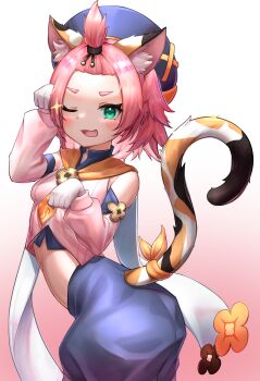 1girl ;d animal_ear_fluff animal_ears ass bangs_pinned_back bent_over black_shorts blush cat_ears cat_girl cat_tail commentary_request deaver detached_sleeves diona_(genshin_impact) fang forehead from_side genshin_impact gloves gradient_background green_eyes hat highres looking_at_viewer midriff one_eye_closed open_mouth paw_pose paw_print_palms pink_hair puffy_detached_sleeves puffy_shorts puffy_sleeves ribbon short_hair shorts sidelocks smile solo sparkle tail tail_ornament tail_ribbon thick_eyebrows twisted_torso white_gloves