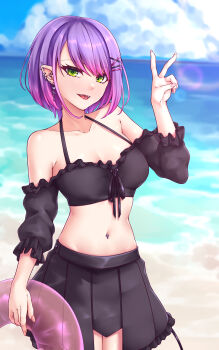 1girl absurdres bare_shoulders beach demon_girl demon_tail detached_sleeves ear_piercing fang frills gradient_hair green_eyes hair_ornament highres hololive light_blush looking_at_viewer midriff multicolored_hair navel navel_piercing open_mouth piercing purple_hair ribbon short_hair sky stomach tail tokoyami_towa tongue_piercing v virtual_youtuber water x_hair_ornament zellam