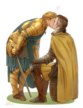 1boy 1girl armor bent_over blonde_hair brown_hair cape chasmou hetero highres holding holding_sword holding_weapon kiss meve_(witcher) reynard_odo sitting standing sword the_witcher_(series) thronebreaker:the_witcher_tales weapon yellow_cape