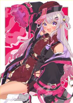 Rule 34 | 1girl, black hat, black jacket, clothing cutout, commentary, dark-skinned female, dark skin, frilled sleeves, frills, grey hair, hair bun, hair ornament, hairpin, hat, heart cutout, highres, jacket, japanese clothes, kimono, looking at viewer, matsukai mao, matsukai mao (3rd costume), nijisanji, official alternate costume, open mouth, pink streaks, purple eyes, red kimono, shiun hisame, smile, solo, virtual youtuber