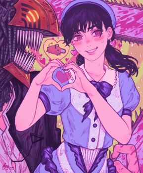 1boy 1girl black_hair blush chainsaw_devil chainsaw_man denji_(chainsaw_man) heart heart_hands heart_in_heart_hands highres mitaka_asa pumpkingface smile