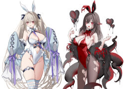 Rule 34 | 2girls, alternate costume, anchorage (azur lane), animal, animal ears, ass, azur lane, bare shoulders, black pantyhose, blush, bow, bowtie, breasts, brown hair, chest strap, cleavage, clothing cutout, collar, commentary, detached collar, fake animal ears, fingernails, frilled collar, frills, hair between eyes, hair intakes, heart, heart-shaped pupils, heart cutout, highleg, highleg leotard, highres, large breasts, leotard, manjuu (azur lane), multiple girls, nail polish, navel, navel cutout, open mouth, pantyhose, playboy bunny, pottsness, purple eyes, rabbit ears, red bow, red bowtie, red eyes, red leotard, red nails, royal fortune (azur lane), sleeveless, smile, strapless, strapless leotard, symbol-shaped pupils, tentacle hair, tentacles, thigh strap, torn clothes, torn pantyhose, white leotard, wing collar