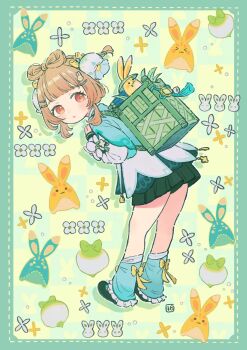 >_< 1girl aqua_border aqua_leg_warmers backpack_basket blunt_bangs border bow-shaped_hair brown_hair commentary_request flower full_body genshin_impact hair_ornament hairclip highres leaning_forward leg_warmers looking_at_viewer looking_back pleated_skirt red_eyes shiro_chan46 skirt tassel turnip yaoyao_(genshin_impact) yaoyao_(rainlit_bamboo_reverie)_(genshin_impact) yuegui_(genshin_impact)