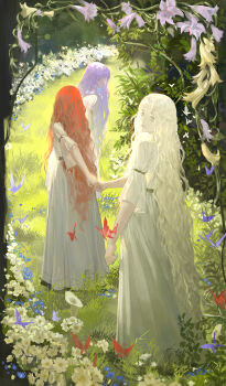 1boy 2girls absurdres aged_down androgynous bishounen blue_flower brother_and_sister bug bujianlansheng butterfly chinese_commentary commentary_request dress dual_persona elden_ring elden_ring:_shadow_of_the_erdtree faceless faceless_female floral_border flower from_behind full_body grass highres holding_hands insect long_dress long_hair looking_at_viewer looking_back malenia_blade_of_miquella miquella_(elden_ring) multiple_girls outdoors plant purple_butterfly purple_hair red_butterfly red_hair siblings sidelocks spoilers st._trina_(elden_ring) standing three-quarter_sleeves tree twins very_long_hair vines wavy_hair white_dress white_flower white_hair yellow_eyes