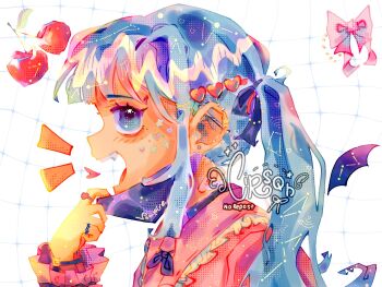 1girl artist_name barbell_piercing blue_eyes blue_hair blue_mask bow cherry cirsqn commentary ear_piercing english_commentary fangs food from_side fruit hatsune_miku highres industrial_piercing jewelry long_hair looking_at_viewer mask mask_pull mouth_mask open_mouth piercing pink_bow pink_shirt profile ring shirt smile solo twintails unworn_bow upper_body vampire vampire_(vocaloid) vocaloid white_background