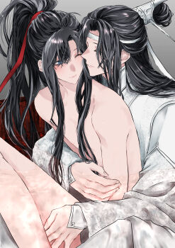 2boys absurdres ahoge androgynous bishounen black_hair blue_eyes blush chinese_clothes closed_eyes closed_mouth couple hair_ribbon hand_on_another&#039;s_thigh hanfu headband high_ponytail highres hug hug_from_behind knee_up lan_wangji long_hair long_sleeves looking_at_another male_focus modao_zushi multiple_boys naruse_(kmk648) nipples nude one_eye_closed parted_lips ponytail red_ribbon ribbon robe sidelocks sitting sitting_on_lap sitting_on_person smile topknot trap wei_wuxian white_hanfu white_headband wide_sleeves xiao_guan_(headdress) yaoi