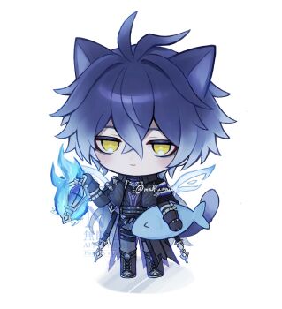 1boy animal animal_ears antenna_hair bags_under_eyes belt black_boots black_coat black_gloves blue_fire blue_hair blue_wings blush boots chibi chibi_only closed_mouth coat collared_coat commentary dot_nose energy_wings fire fish flins_(genshin_impact) full_body genshin_impact gloves grey_pants hair_between_eyes highres holding holding_animal holding_fish holding_lantern kemonomimi_mode lantern light_smile long_hair long_sleeves looking_at_viewer male_focus mochiumai29 pants simple_background solo twitter_username white_background wings yellow_eyes