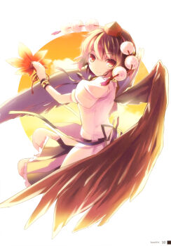 1girl 6u_(eternal_land) absurdres black_hair black_ribbon black_skirt black_wings closed_mouth feathered_wings frilled_sleeves frills hand_fan hat hauchiwa highres holding holding_fan looking_at_viewer looking_to_the_side pom_pom_(clothes) puffy_short_sleeves puffy_sleeves red_eyes red_hat ribbon shameimaru_aya short_hair short_sleeves skirt solo third-party_source tokin_hat touhou wings wrist_cuffs