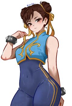 1girl absurdres bare_shoulders blue_bodysuit bodysuit brown_eyes brown_hair capcom chun-li commentary covered_navel double_bun english_commentary hair_bun hair_ribbon highres ierdid looking_at_viewer parted_lips ribbon short_hair solo street_fighter twitter_username white_background yellow_ribbon